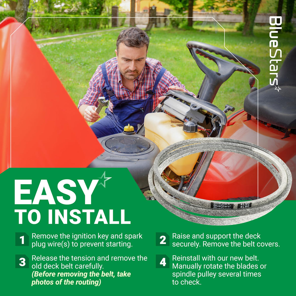 Instructional graphic showing how to install a 1/2 x 90 inch mower deck belt on a riding lawn mower.