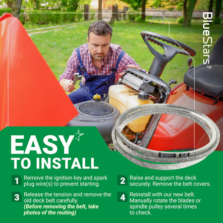 Instructional graphic showing how to install a 1/2 x 90 inch mower deck belt on a riding lawn mower.