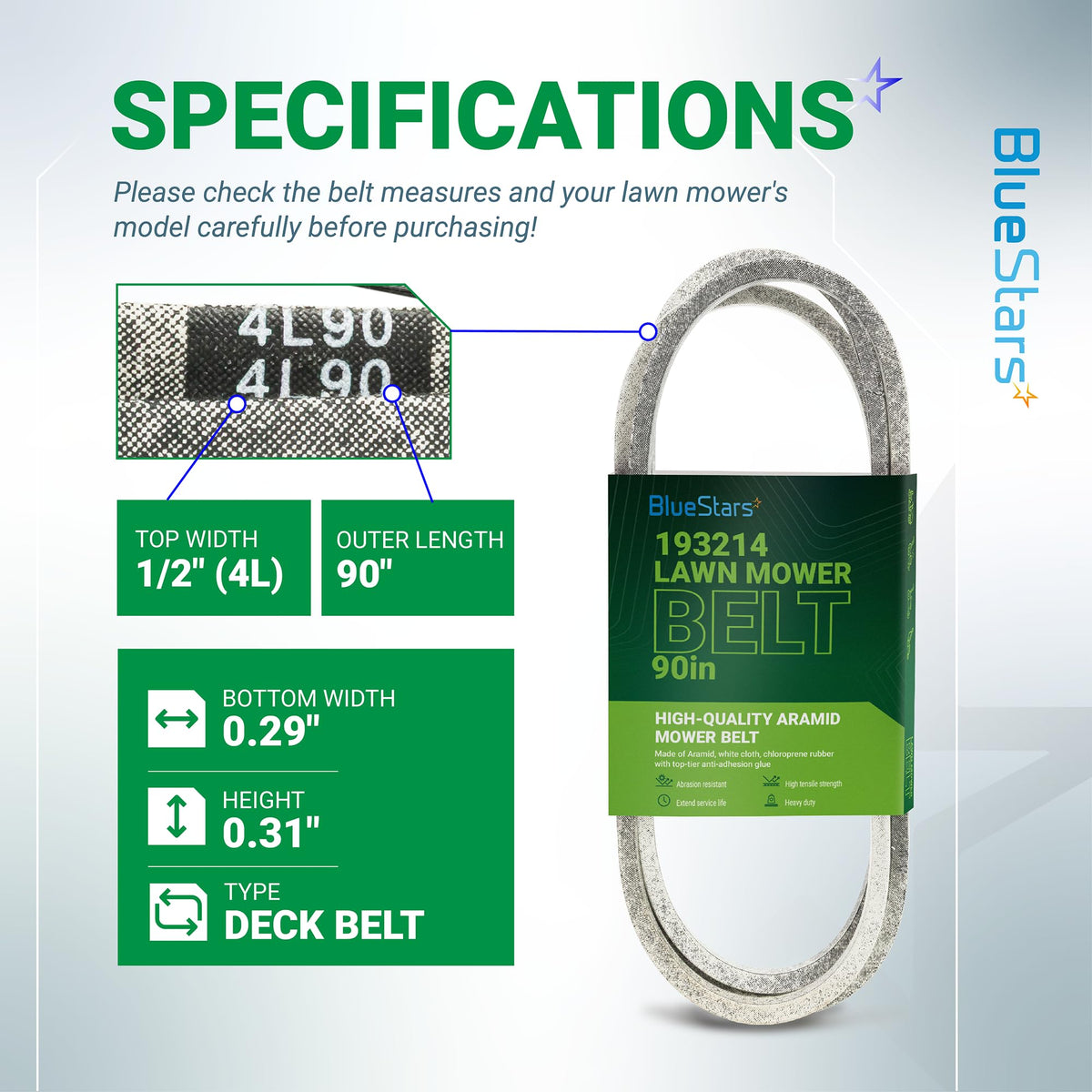 Specification chart for 125907X 193214 mower deck belt showing 1/2 inch by 90 inch dimensions and material details.