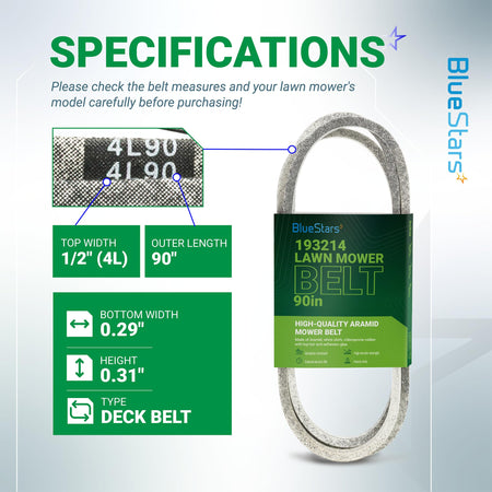 Specification chart for 125907X 193214 mower deck belt showing 1/2 inch by 90 inch dimensions and material details.