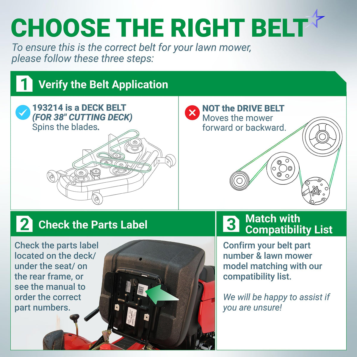 Instructional guide for identifying the correct 38-inch mower deck belt for Craftsman and Husqvarna lawn mowers.