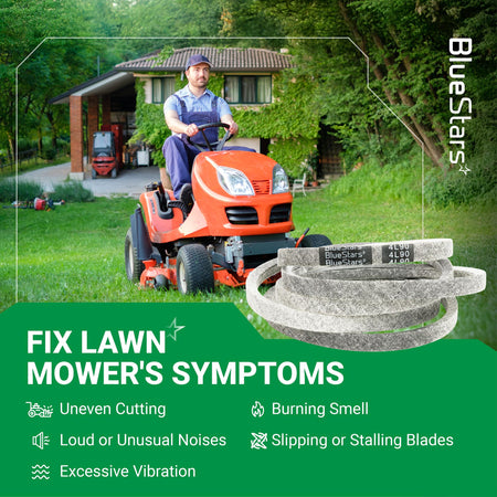 Replacement 1/2 x 90 inch mower deck belt for Craftsman, Husqvarna, and AYP lawn mowers shown with troubleshooting guide.