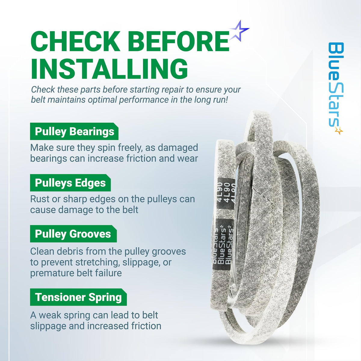 Informational graphic showing 125907X mower deck belt installation tips and maintenance checklist.