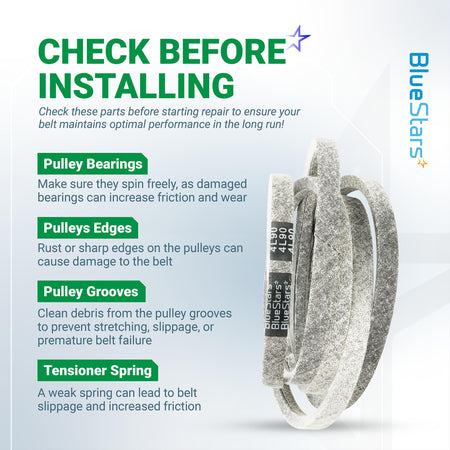 Informational graphic showing 125907X mower deck belt installation tips and maintenance checklist.