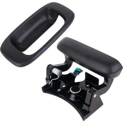 Black tailgate handle latch assembly and matching bezel trim piece.