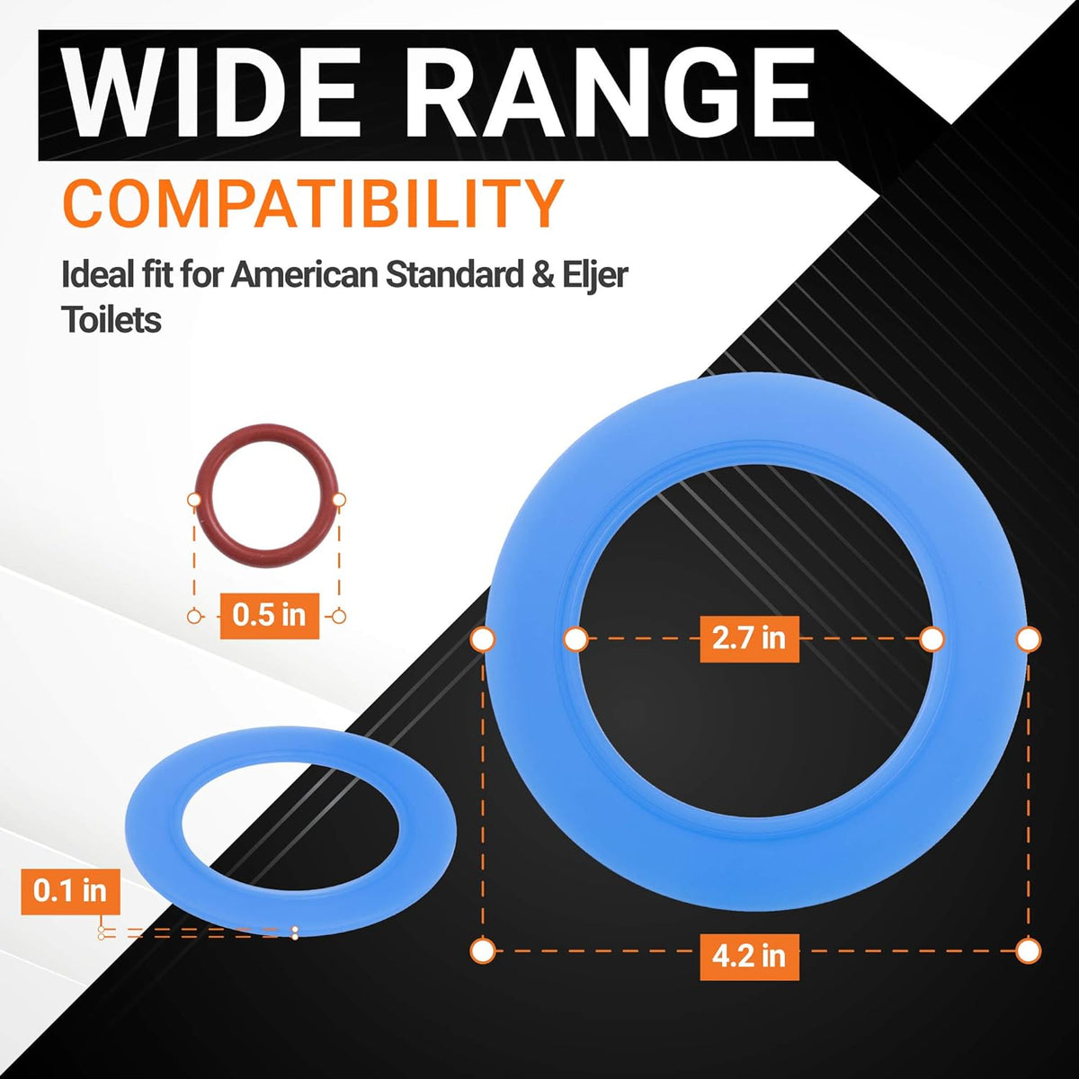 Dimensional diagram of 7301111-0070A flush valve seal kit showing measurements for American Standard and Eljer toilets.