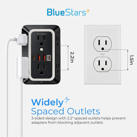 Surge Protector Outlet Extender, 6 Outlets & 4 USB Ports, shown with 2.2-inch spaced outlets beside a wall outlet diagram
