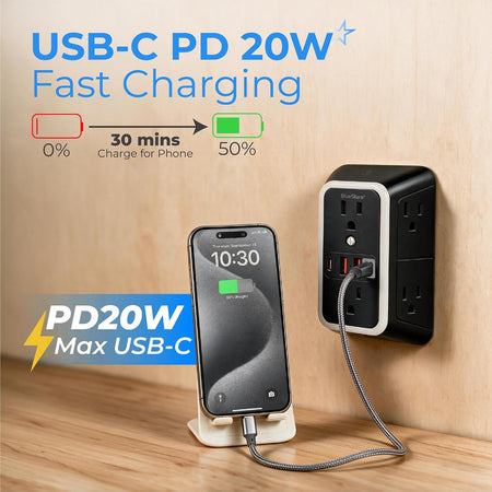 Surge Protector Outlet Extender—wall-mounted unit charging a smartphone via USB-C PD 20W
