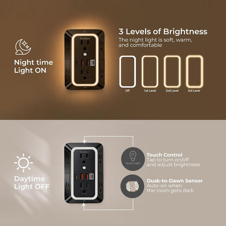 Surge Protector Outlet Extender shows 3 night-light brightness levels, touch control, and a dusk-to-dawn sensor.