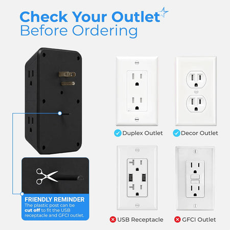 Surge Protector Outlet Extender, 6 Outlets & 4 USB Ports: outlet compatibility guide showing supported duplex and decor outle