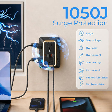 Surge Protector Outlet Extender, 6 Outlets & 4 USB Ports shown mounted on a wall with devices connected