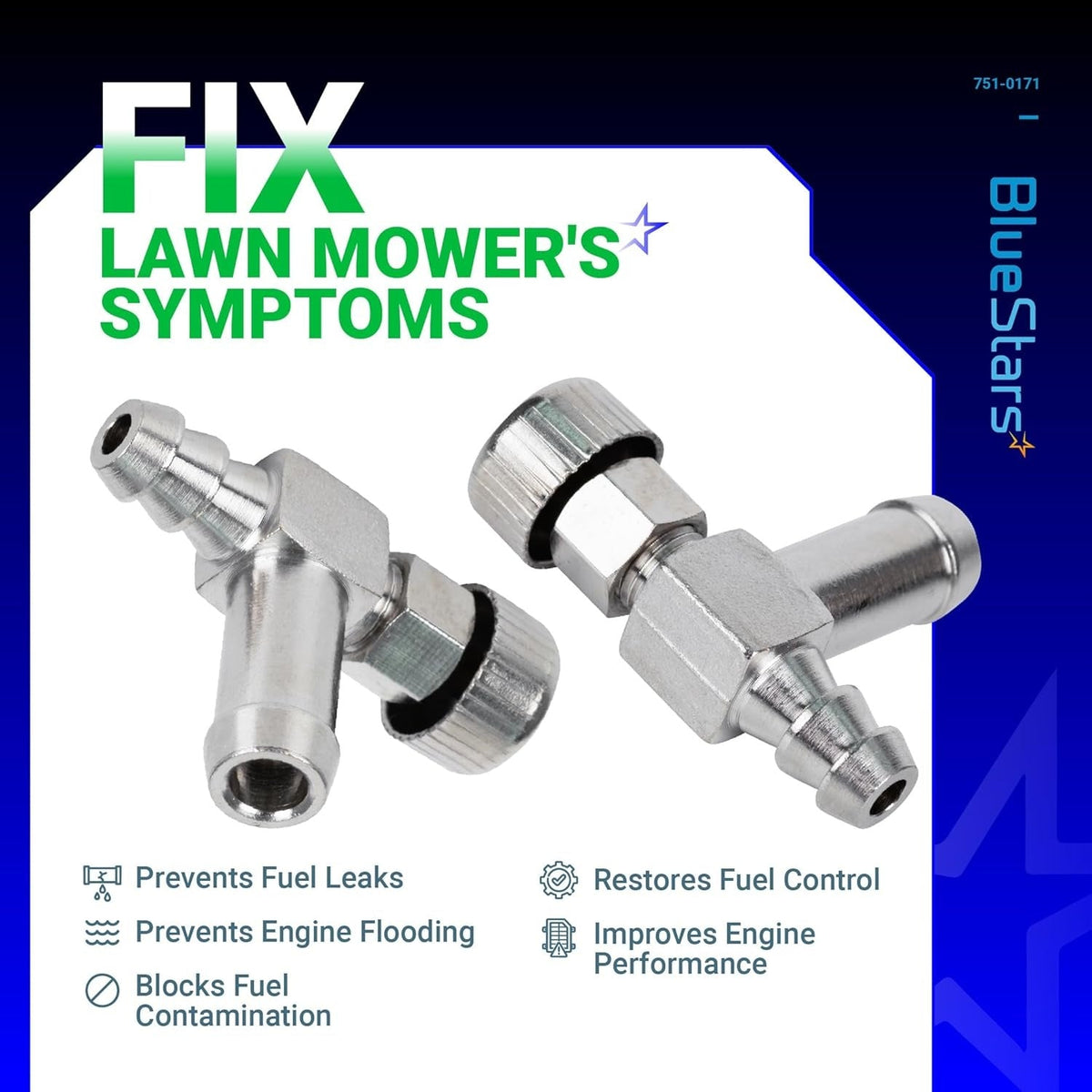 Two metal fuel shut off valves for MTD, Troy-Bilt, and Craftsman lawn equipment.
