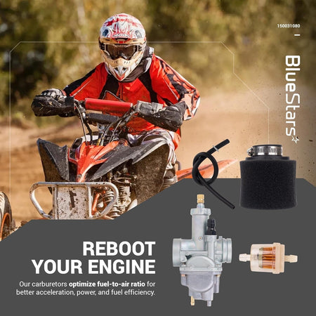 KLF220A carburetor kit including replacement carburetor, foam air filter, and fuel filter for ATV engine maintenance.