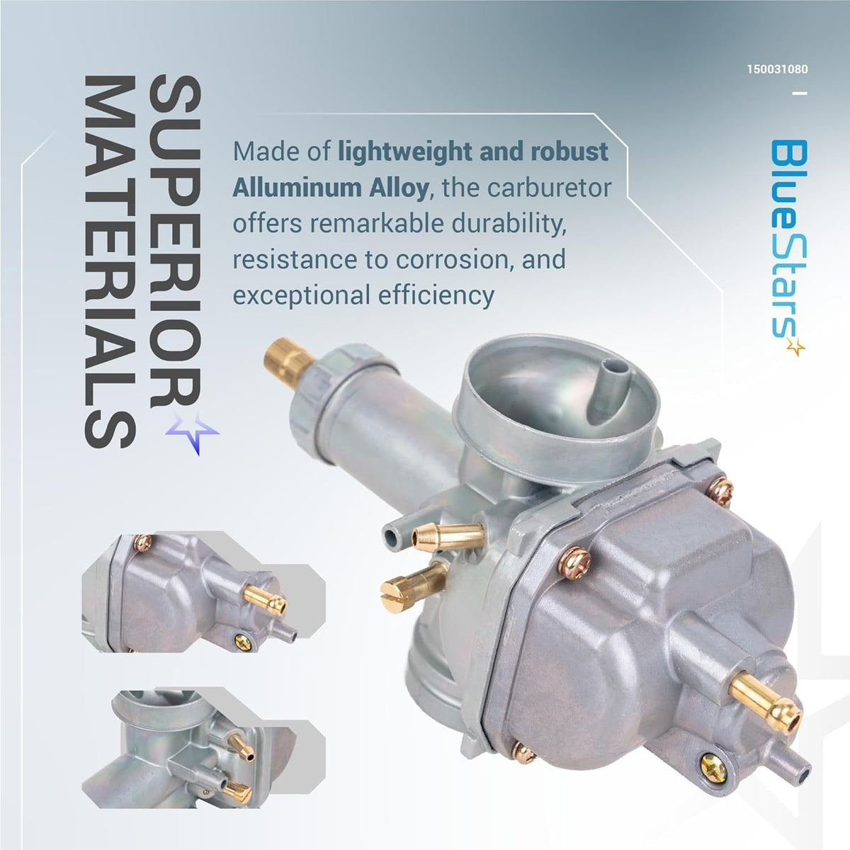 KLF220A aluminum alloy carburetor assembly showing multiple angles and close-up details.