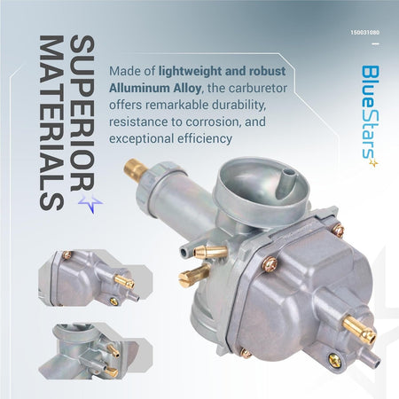 KLF220A aluminum alloy carburetor assembly showing multiple angles and close-up details.