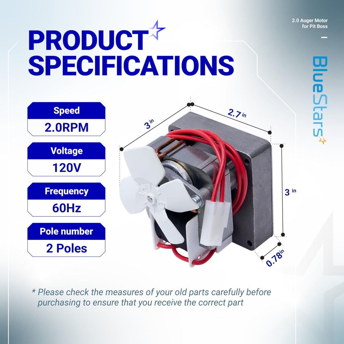 2.0RPM grill auger motor specification diagram with dimensions for 120V 60Hz 2 pole replacement part.