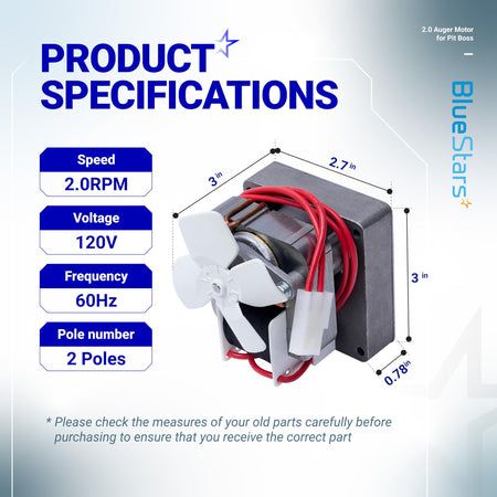 2.0RPM grill auger motor specification diagram with dimensions for 120V 60Hz 2 pole replacement part.