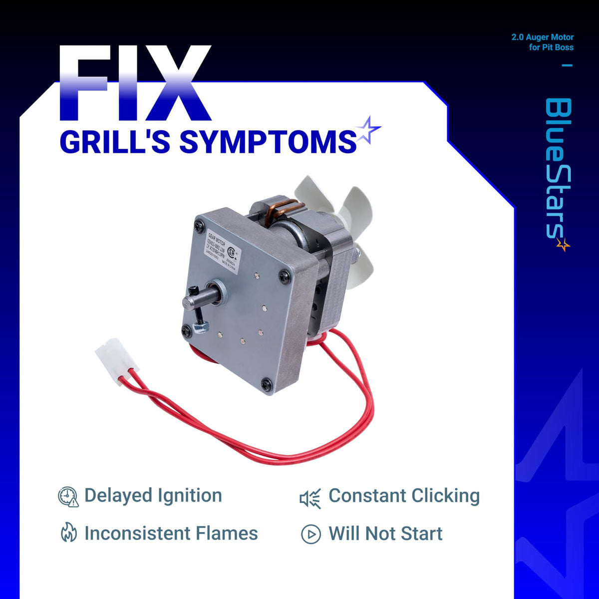 2.0 RPM grill auger motor replacement for Pit Boss grills with cooling fan and wiring harness.
