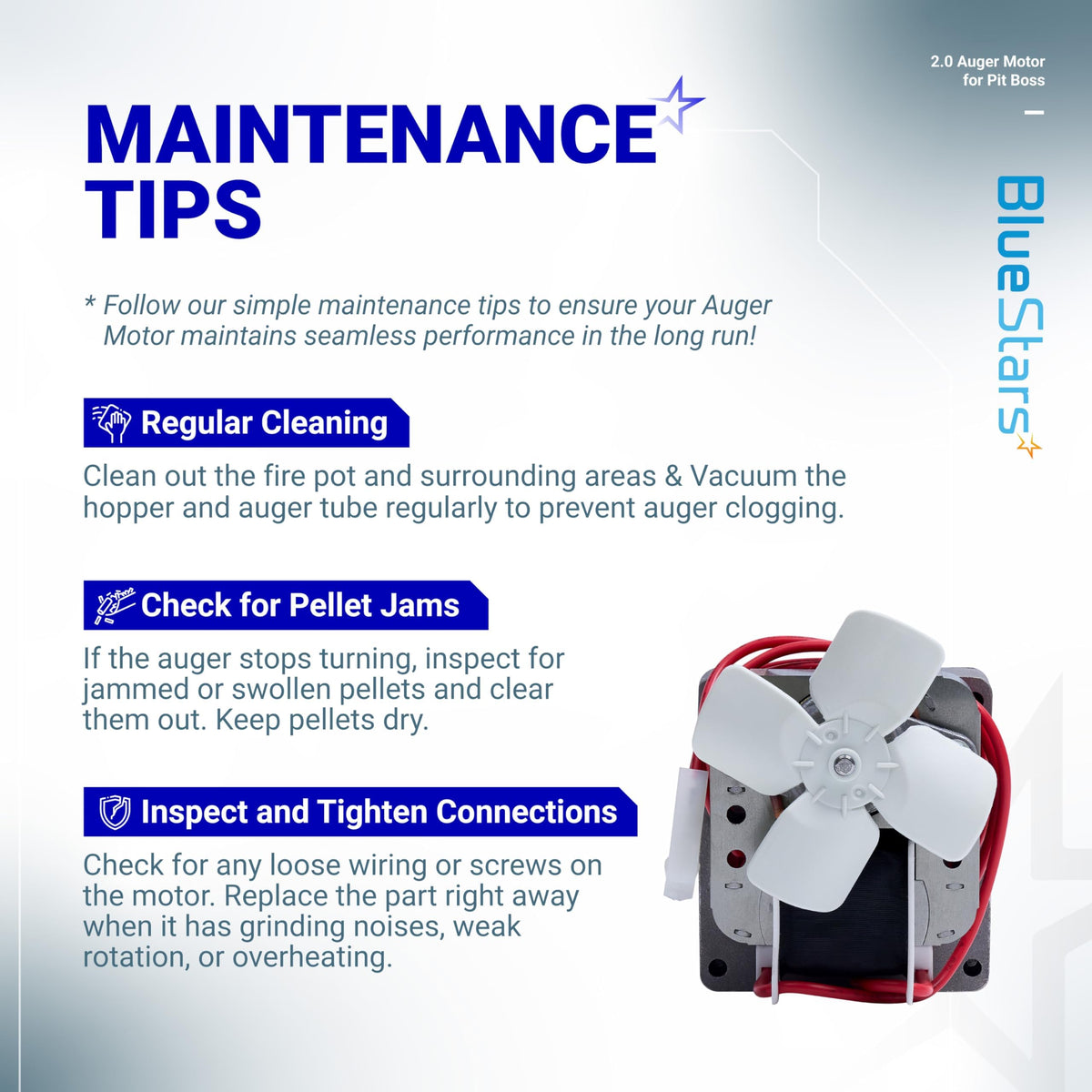 Infographic showing maintenance tips for a 2.0 RPM grill auger motor with cooling fan.