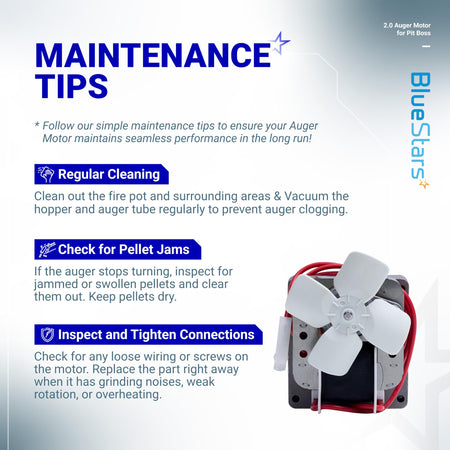 Infographic showing maintenance tips for a 2.0 RPM grill auger motor with cooling fan.