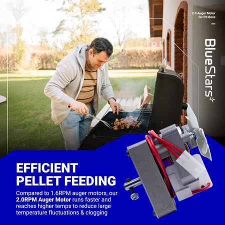 2.0RPM grill auger motor for Pit Boss pellet grills with cooling fan and wiring harness.