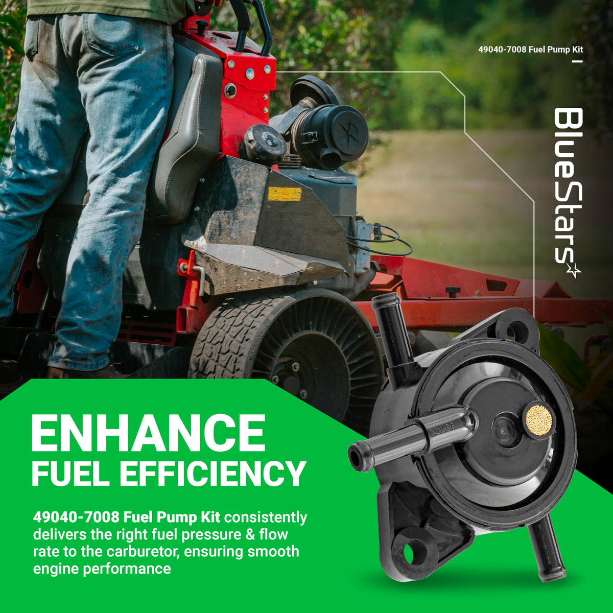 49040-7008 fuel pump replacement for Kawasaki engines shown on promotional product graphic.