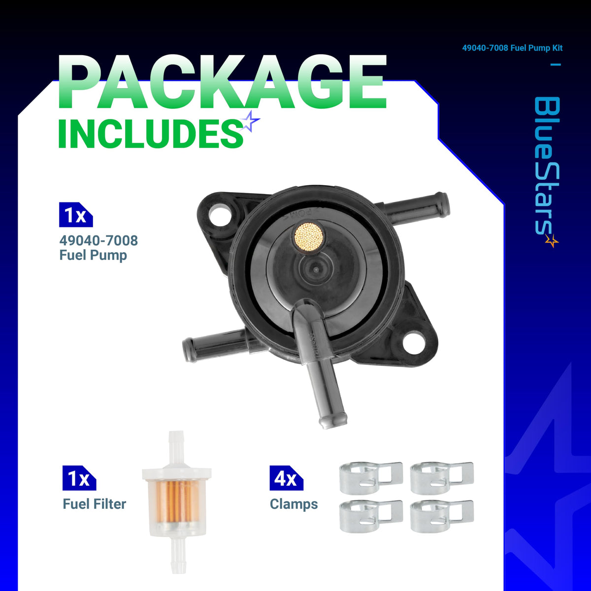 49040-7008 fuel pump kit including fuel filter and four clamps for Kawasaki engines.
