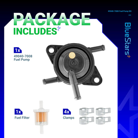 49040-7008 fuel pump kit including fuel filter and four clamps for Kawasaki engines.