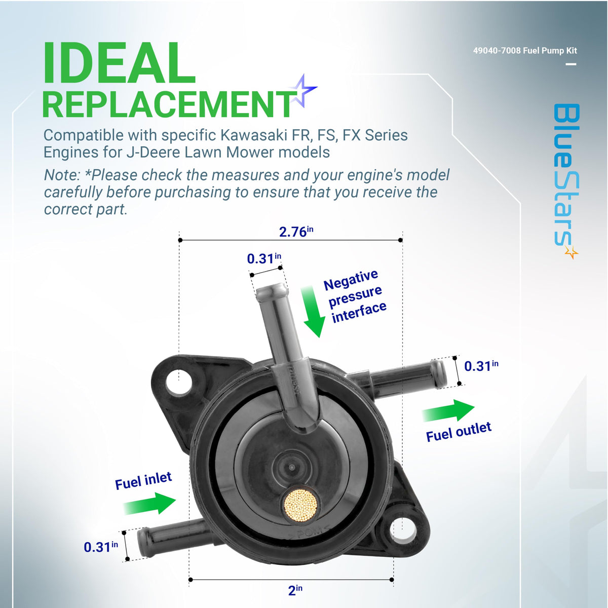 Dimensional diagram of 49040-7008 fuel pump for Kawasaki FR, FS, and FX engines showing inlet, outlet, and measurements.
