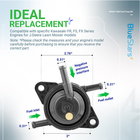 Dimensional diagram of 49040-7008 fuel pump for Kawasaki FR, FS, and FX engines showing inlet, outlet, and measurements.