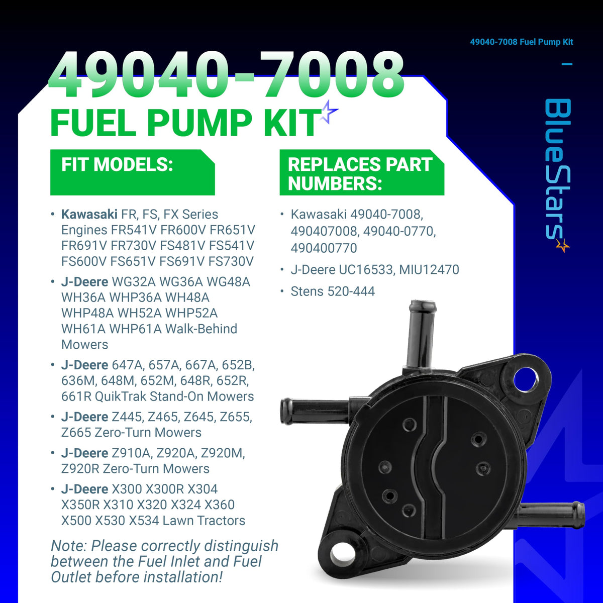 49040-7008 fuel pump for Kawasaki engines shown on an informational product specification sheet.