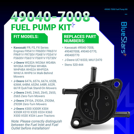 49040-7008 fuel pump for Kawasaki engines shown on an informational product specification sheet.