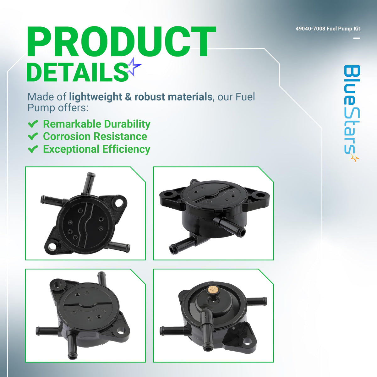 Product detail graphic showing multiple angles of the 49040-7008 fuel pump for Kawasaki engines.