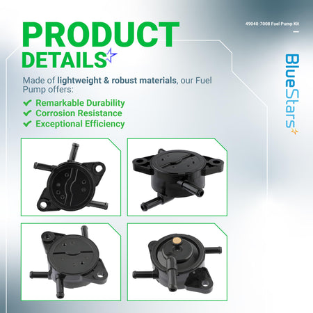Product detail graphic showing multiple angles of the 49040-7008 fuel pump for Kawasaki engines.