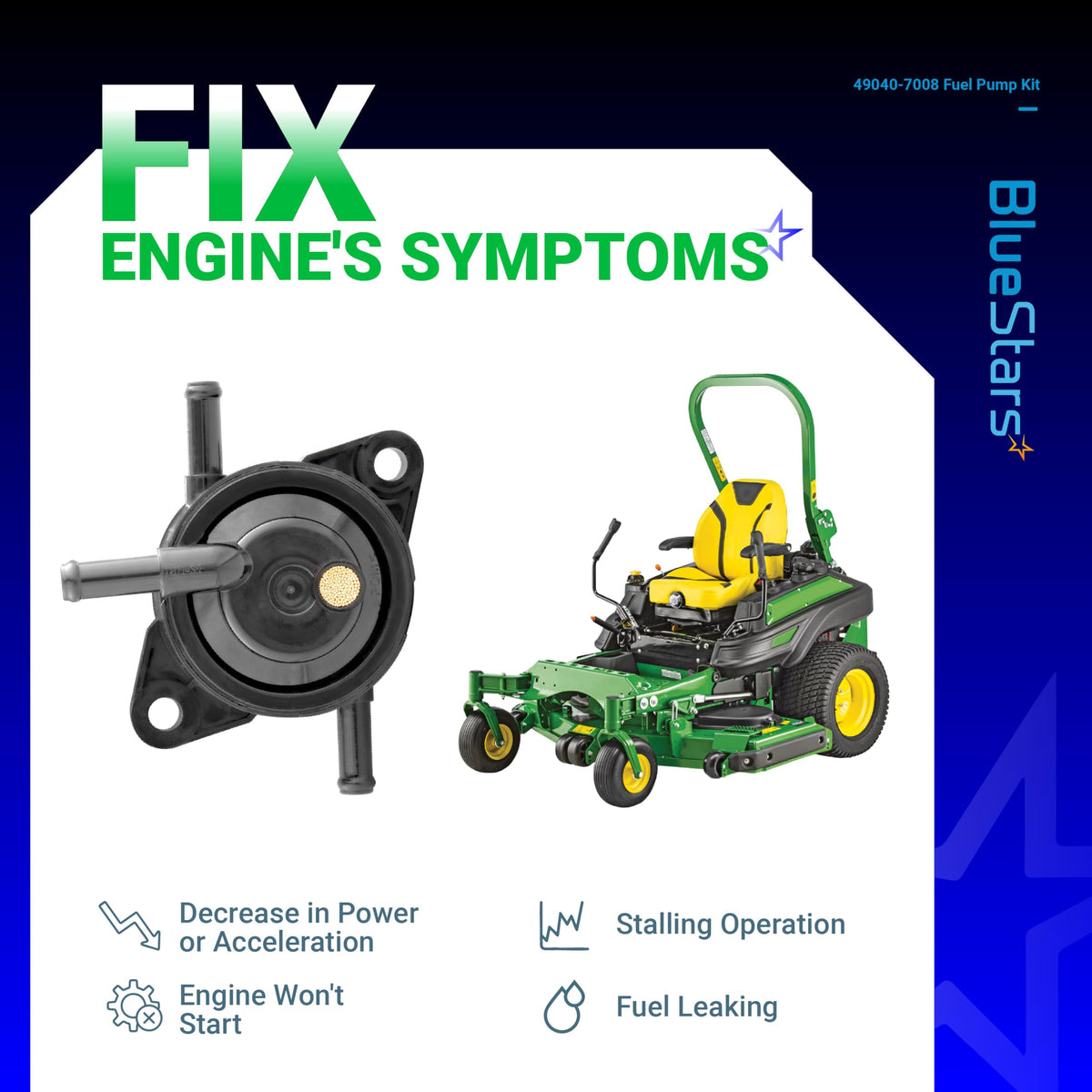 49040-7008 fuel pump replacement for Kawasaki engines with symptom troubleshooting guide and zero-turn mower graphic.
