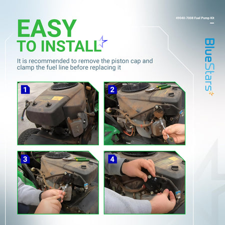 Installation guide showing four steps to replace a Kawasaki engine fuel pump with a 49040-7008 compatible kit.