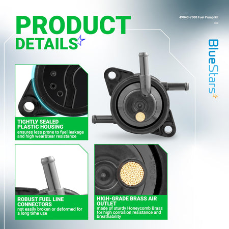 Infographic showing 49040-7008 fuel pump details including sealed housing, fuel line connectors, and brass air outlet.