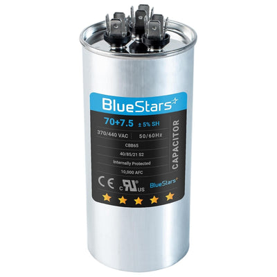 70+7.5 uF 370/440 VAC round dual run capacitor for air conditioner and heat pump condenser units.