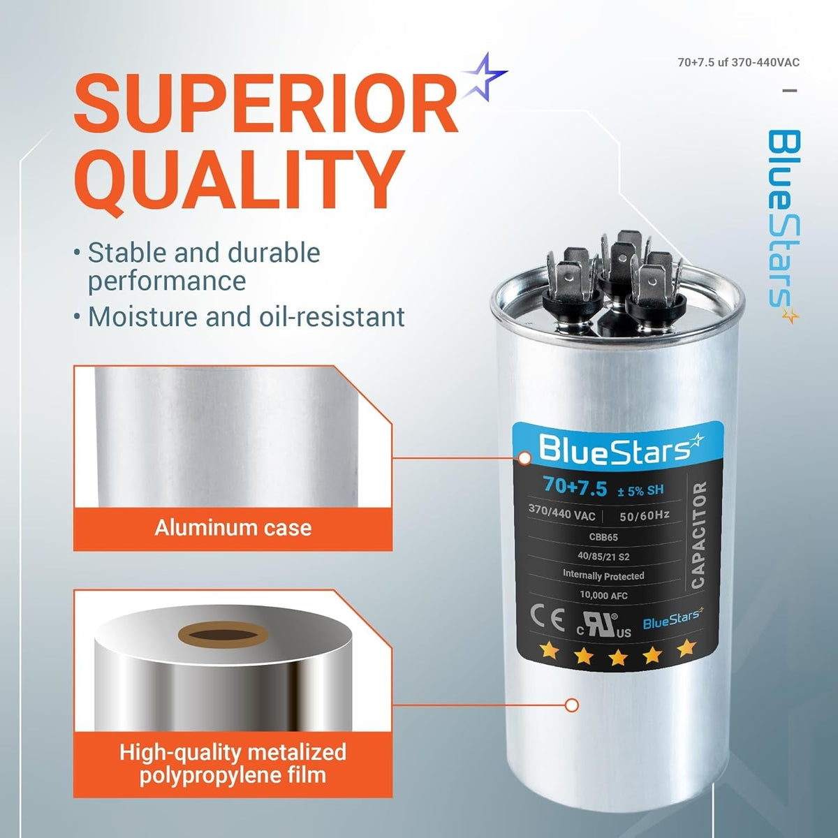 BlueStars 70+7.5 uF 370/440 VAC round dual run capacitor with aluminum case and metalized film construction details.