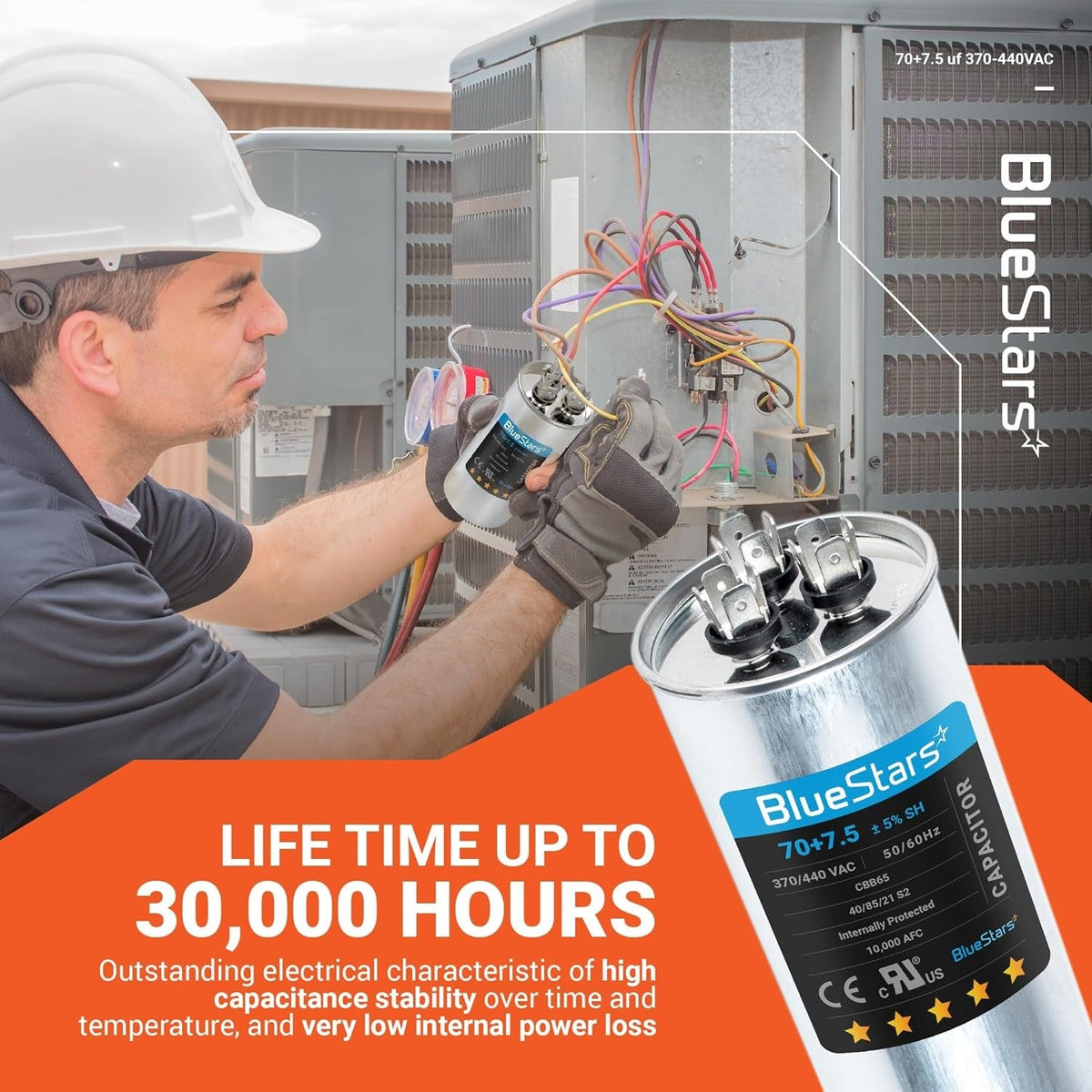 Technician installing a 70+7.5 uF 370/440 VAC round dual run capacitor into an air conditioner condenser unit.