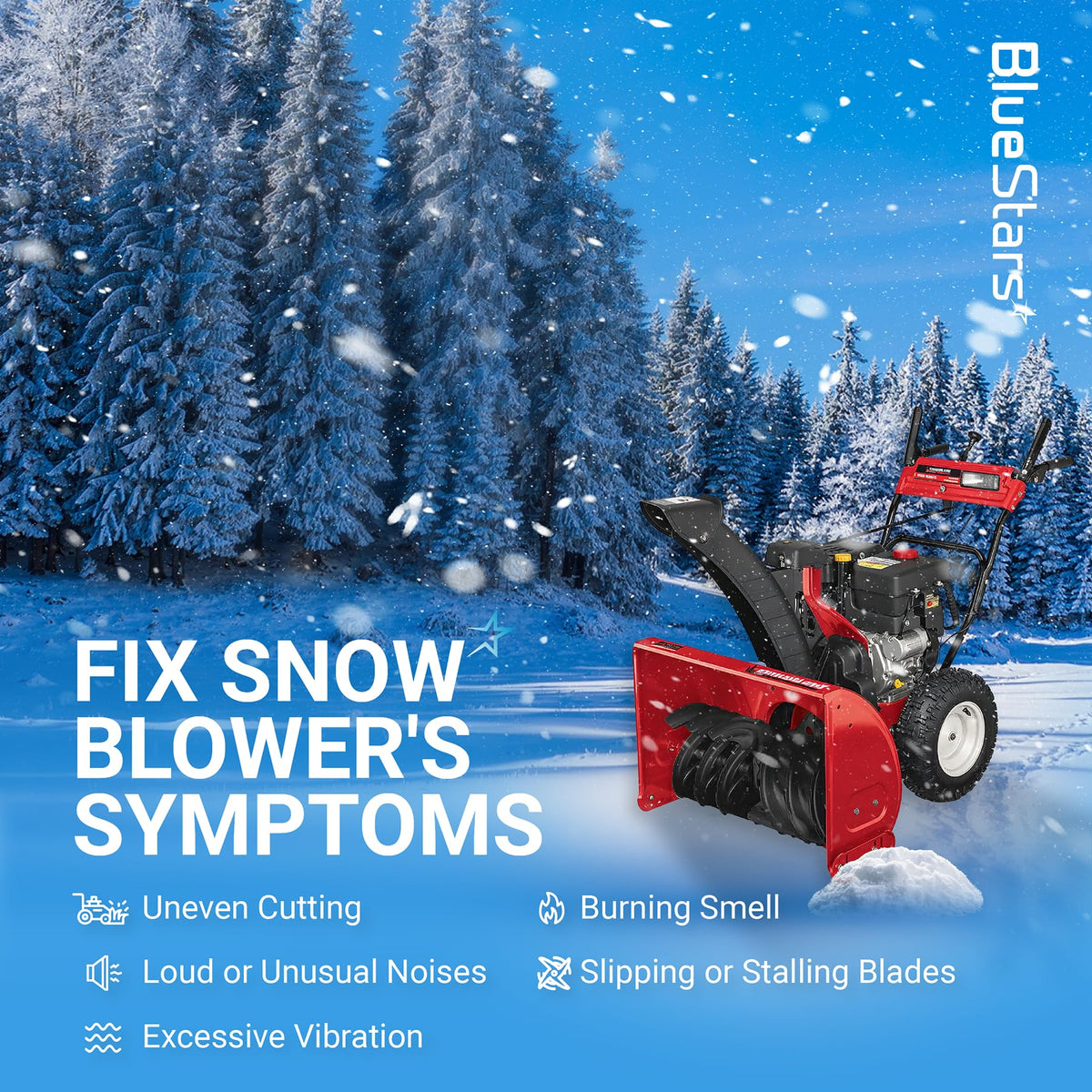 Infographic showing snow blower symptoms like uneven cutting and stalling to indicate need for 954-04050A auger belt.