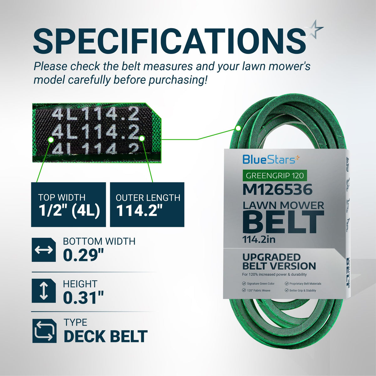 M126536 mower deck belt specifications chart showing dimensions, length, and width for lawn mower compatibility.