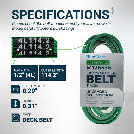 M126536 mower deck belt specifications chart showing dimensions, length, and width for lawn mower compatibility.