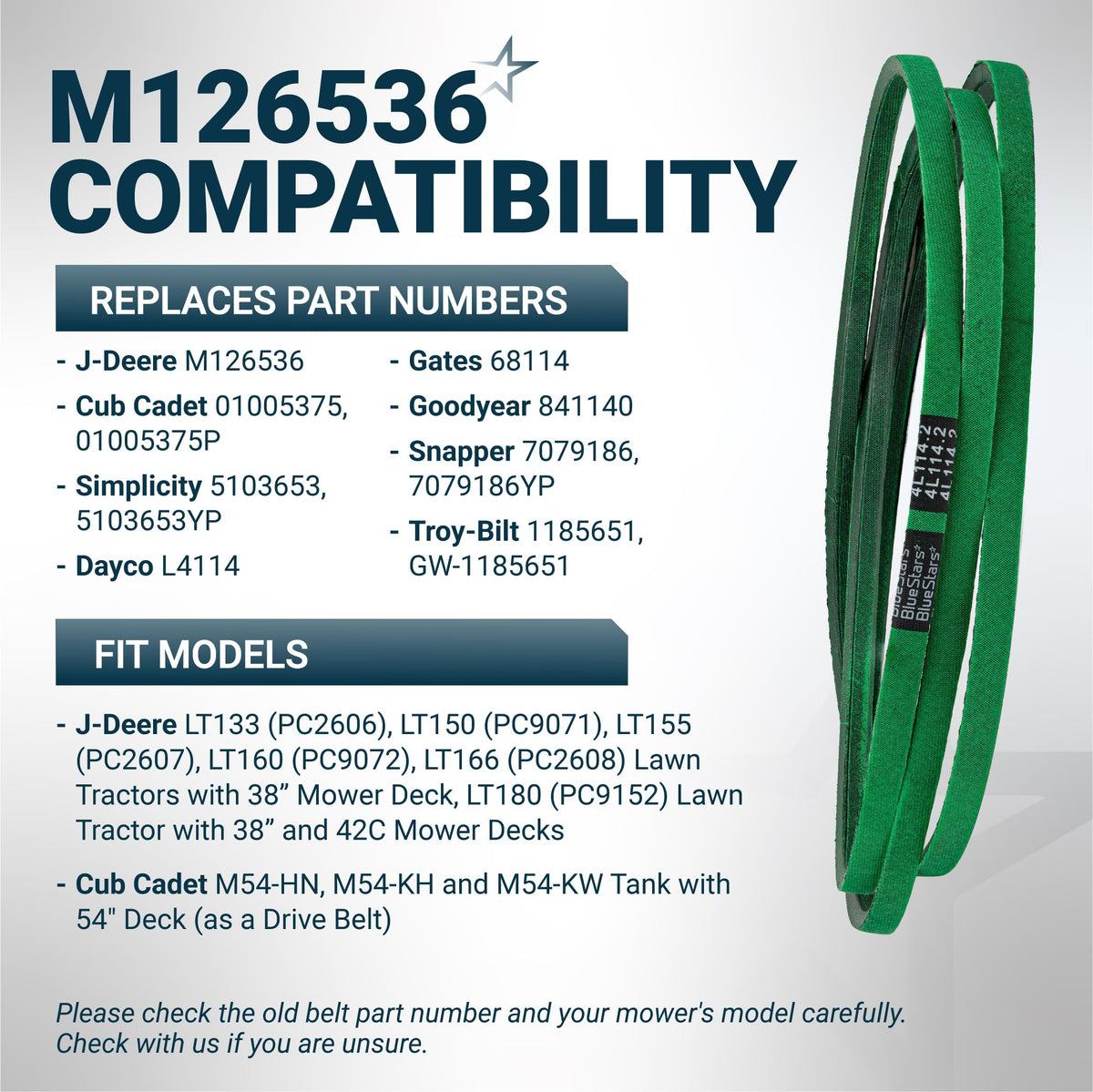 M126536 mower deck belt compatibility chart showing replacement part numbers and fitment for J-Deere and Cub Cadet mowers.