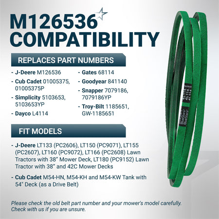 M126536 mower deck belt compatibility chart showing replacement part numbers and fitment for J-Deere and Cub Cadet mowers.