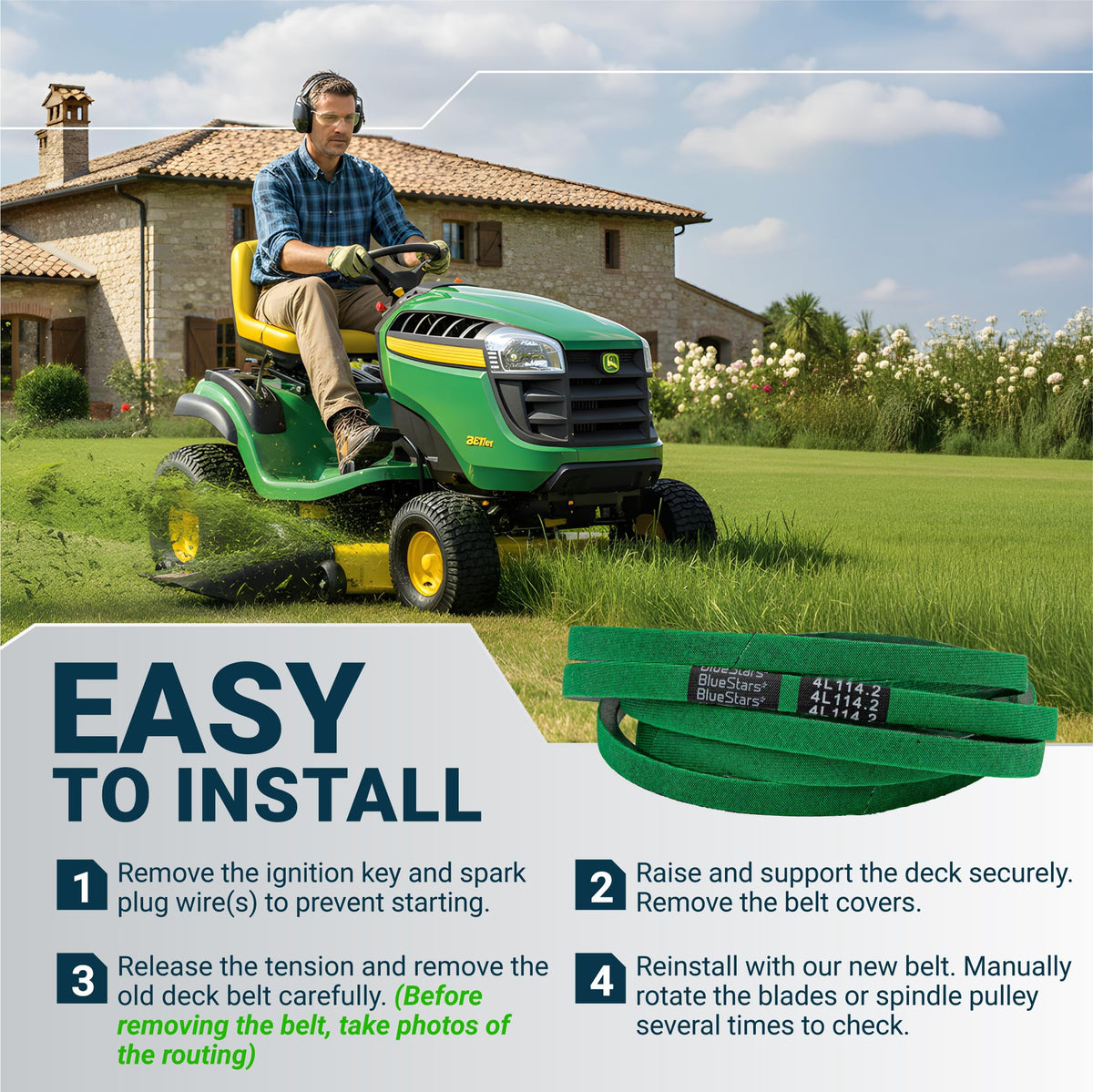 M126536 mower deck belt installation guide for John Deere lawn mowers with step-by-step instructions.