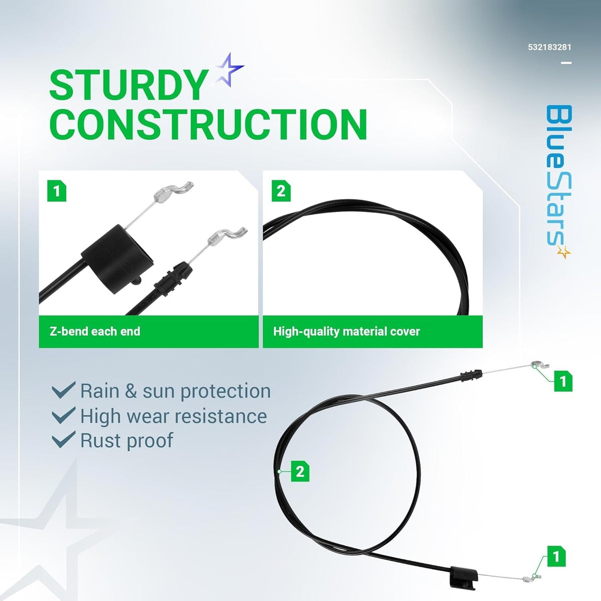 Infographic showing construction details of 532183281 engine zone control cable for walk-behind mowers.