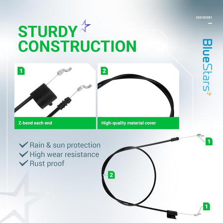 Infographic showing construction details of 532183281 engine zone control cable for walk-behind mowers.