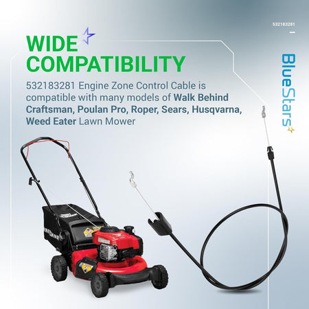 532183281 engine zone control cable for walk-behind lawn mowers with compatibility infographic.