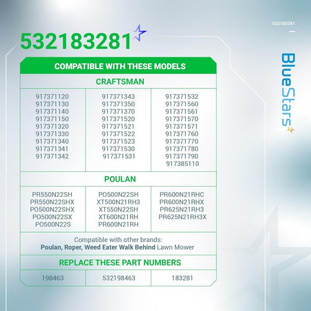 Compatibility chart for 532183281 engine zone control cable listing Craftsman and Poulan mower model numbers.